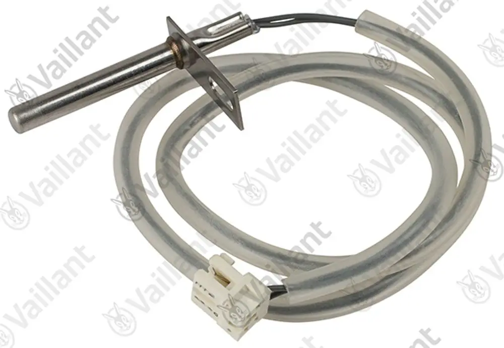 Vaillant Temperatursensor mit metallischem Gehäuse, einer angeschlossenen Leitung und einem Stecker. Geeignet für thermische Anwendungen.